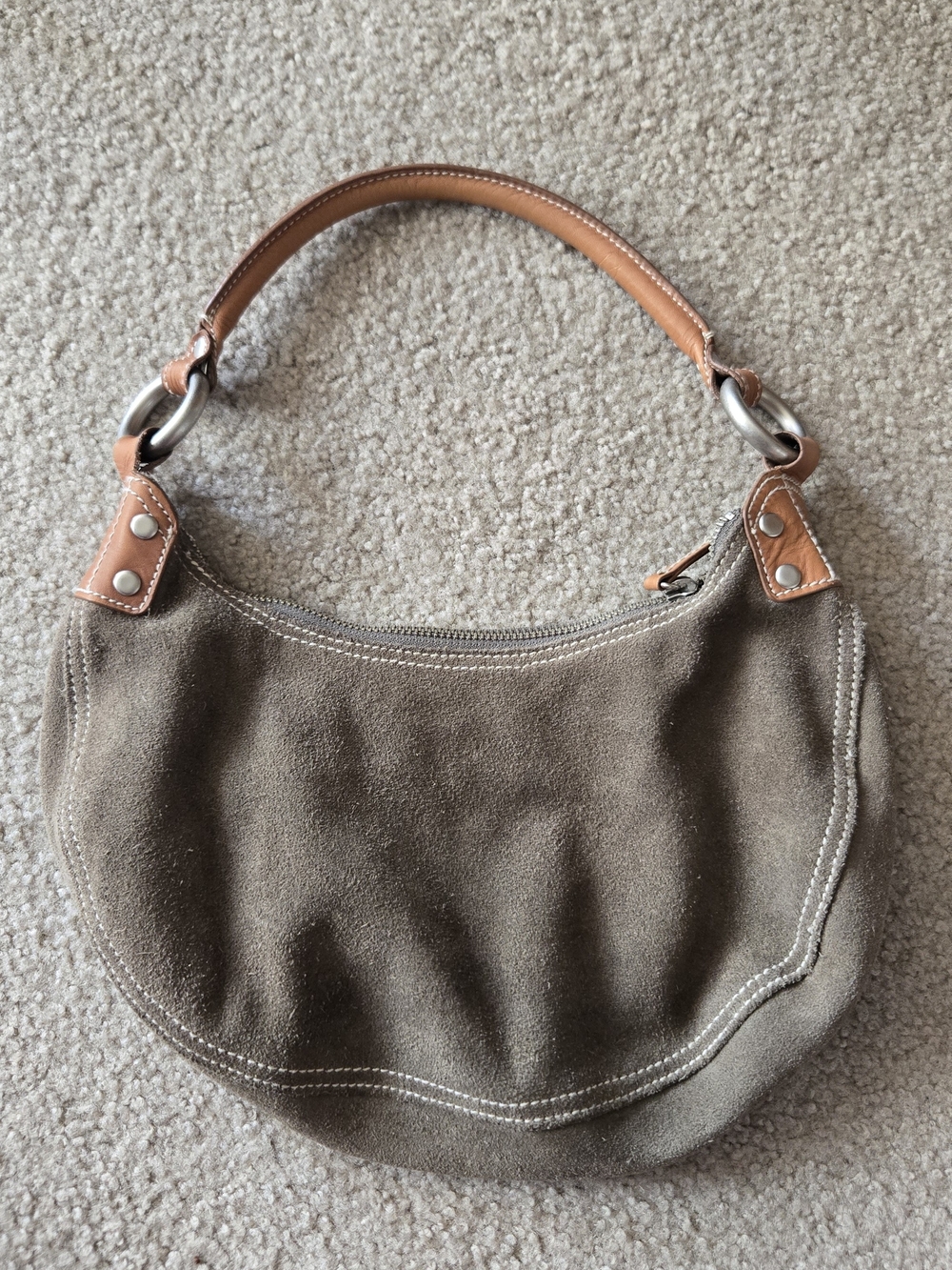 Suede Hobo Shoulder Bag in Olive Green with Tan Handle - Picture 2 of 3